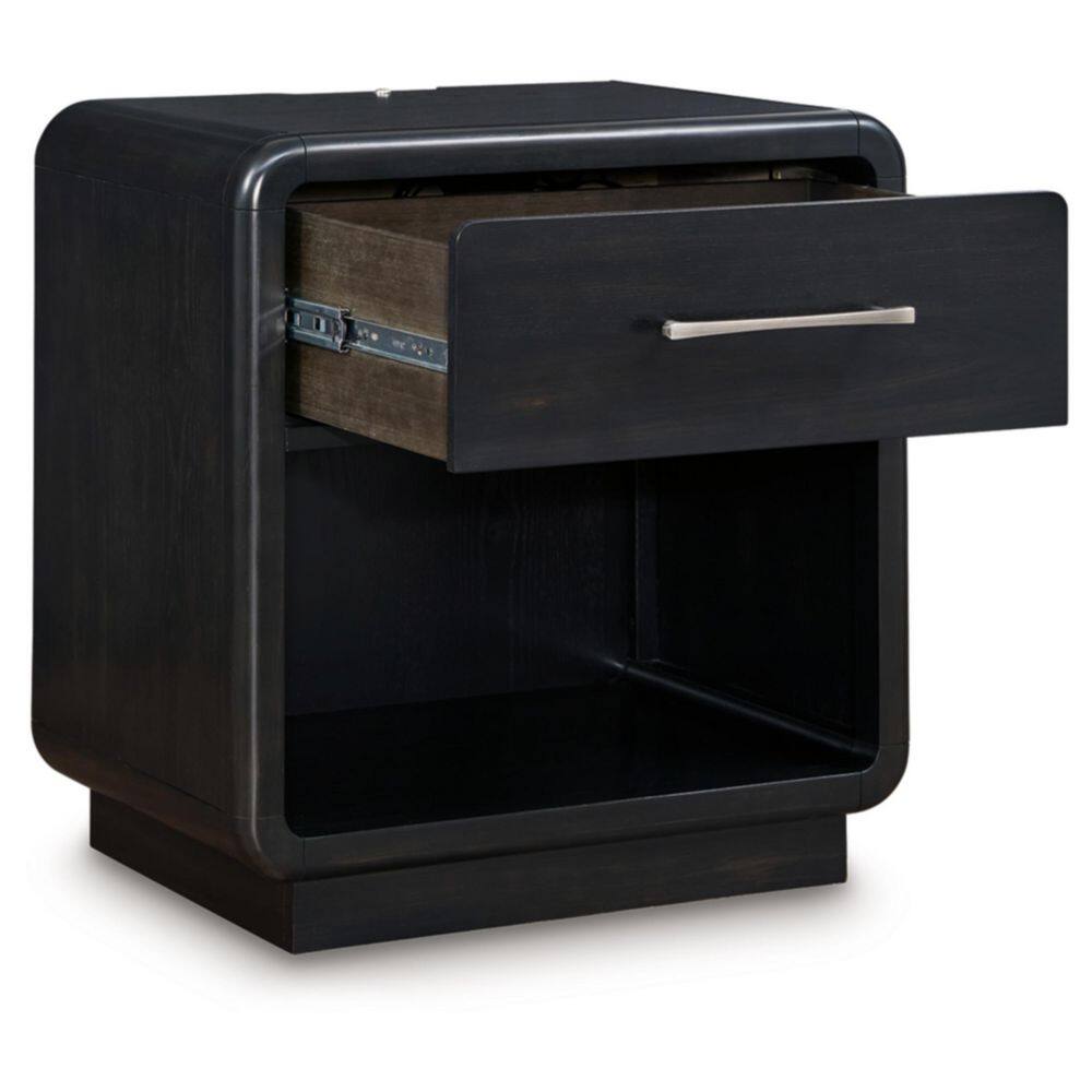 Black Modern Nightstand with LED Light and USB Ports