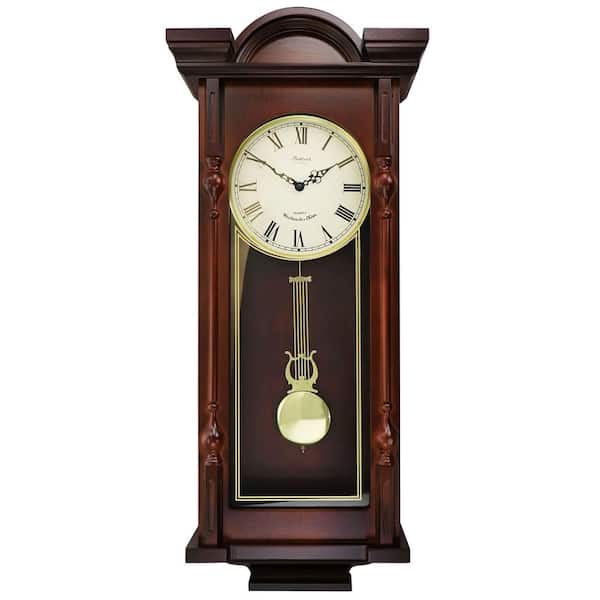 Bedford Clock Collection Grand 31 in. Antique Mahogany Cherry Chiming Pendulum Wall Clock