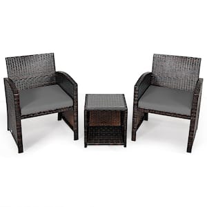 3-Pieces Rattan Patio Conversation Furniture Set Yard Outdoor with Grey Cushions