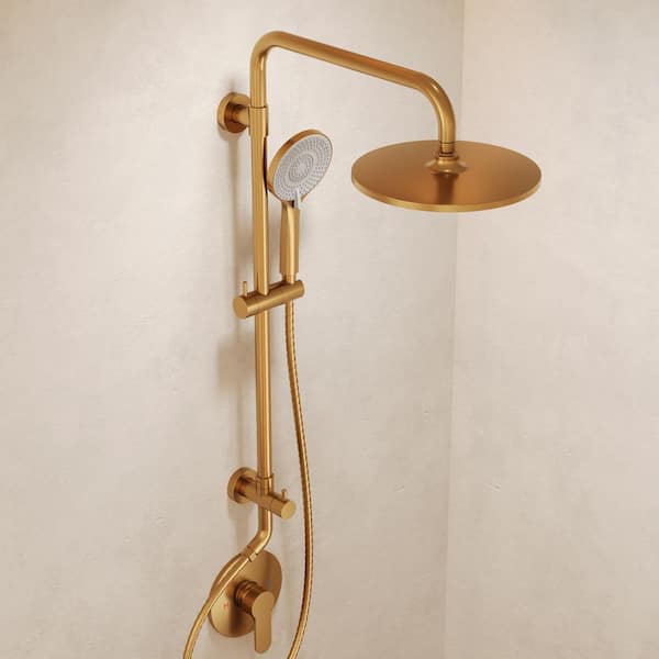 2-Spray Round High Pressure Wall Bar Shower Kit with 3-Spray Hand Shower in Brushed Gold (Valve Included)