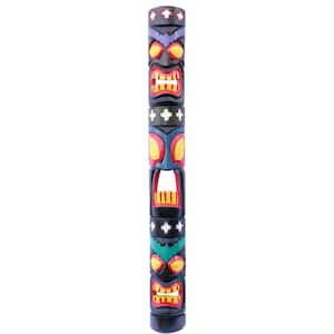 60 in. Three Face Totem, Tropical Hand-Carved Colorful Wood Art Tiki Mask Flower Decoration
