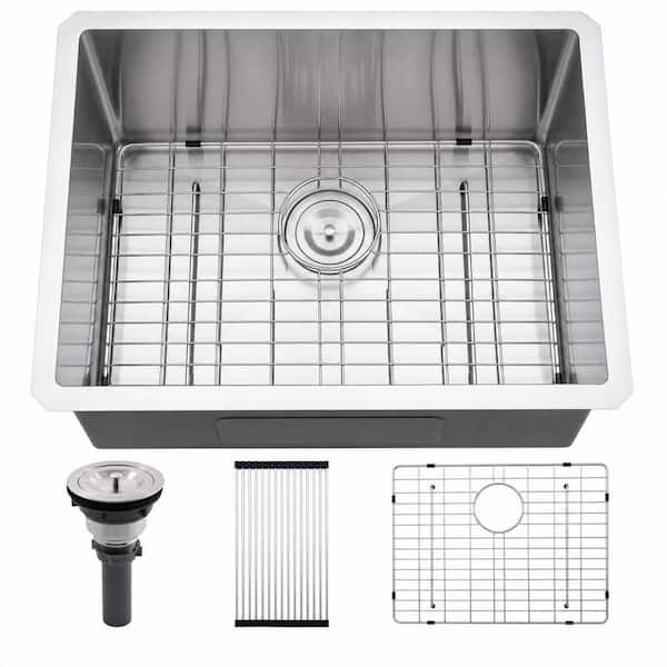 24 in. Undermount Single Bowl 16 Gauge Stainless Steel Laundry Room Sink, Kitchen Utility Sinks, Outdoor Basin