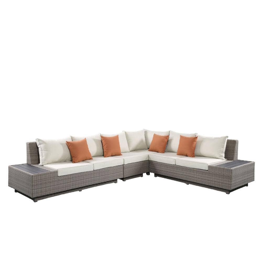 Gray Wicker Outdoor Sectional Set and Cocktail Table with Beige Cushion and