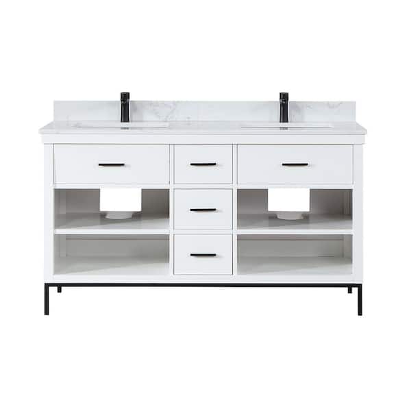 Altair Kesia 60 in. W x 22 in. D x 34 in. H Bath Vanity in White with Carrara White Composite Stone Top