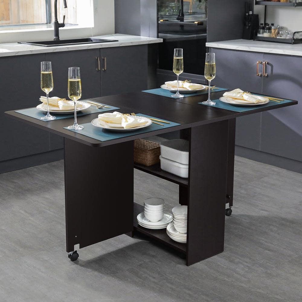 Dinaza 55.1 in. Rectangle Black Walnut Wood Folding Dining Table Drop ...