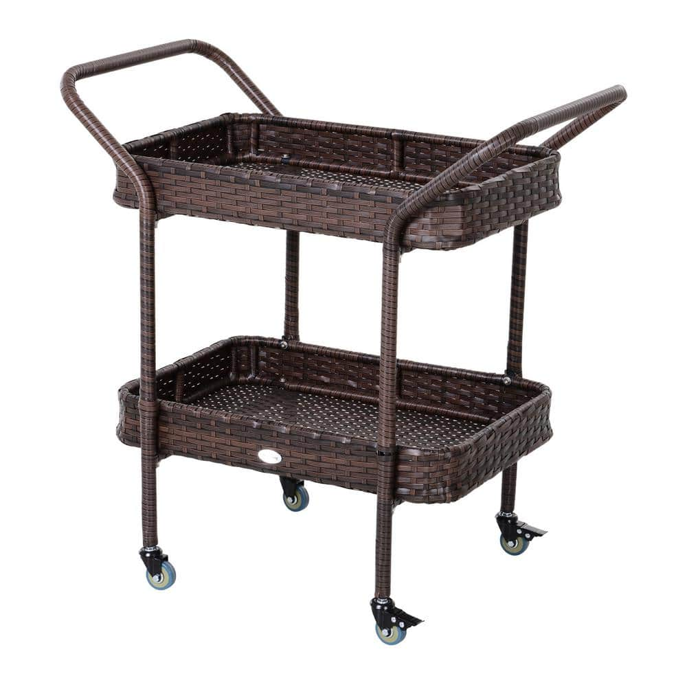 Zeus & Ruta Brown Rattan Wicker Serving Cart with 2-Tier Shelf, Wheeled ...