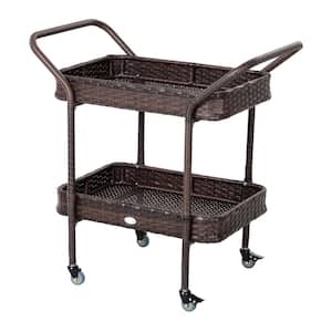 Brown Rattan Wicker Serving Cart with 2-Tier Shelf, Wheeled Bar Cart with Brakes for Poolside, Garden, Patio