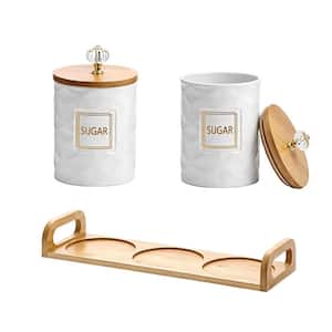3-Piece Ceramic Canisters Set with Handle Tray, White Ceramic Storage Jar for Kitchen, Dining Counter