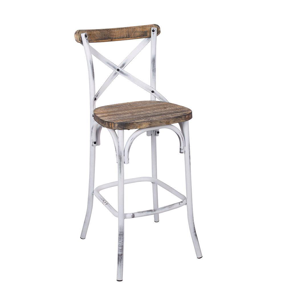 Antique White & Oak Rustic Metal-Accented Bar Chair