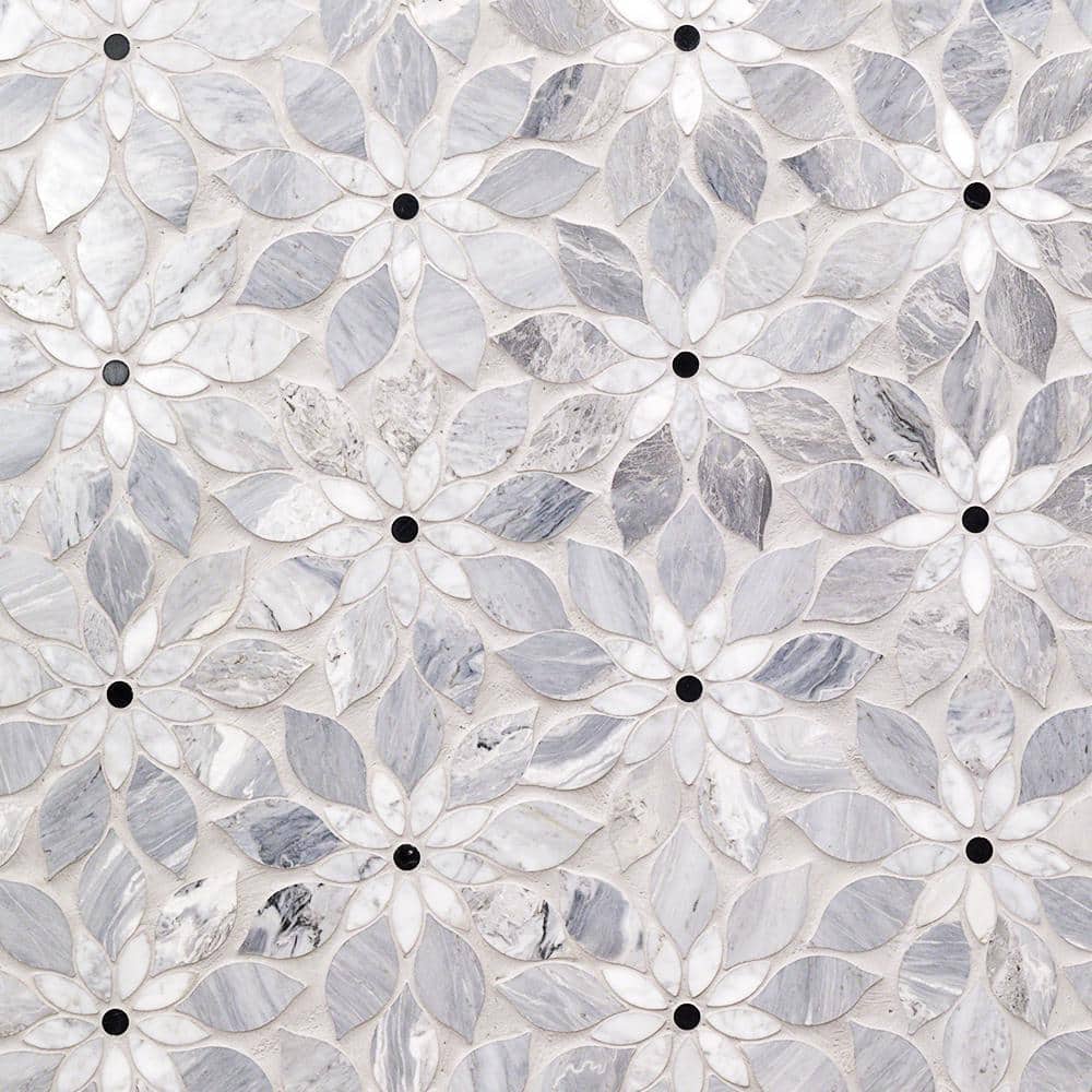 Thistle Blue Marble Flower Mosaic Tile Sheet