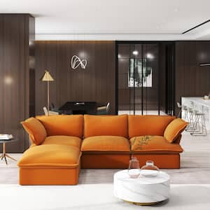 122 in. Flared Arm 4-Piece linen Modular Sectional Sofa in Orange with Storage Ottoman