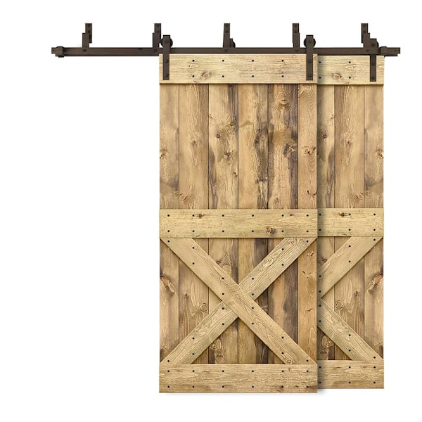 CALHOME 84 in. x 84 in. Mini X Bar Bypass Weather Oak Stained Solid Wood Interior Double Sliding Barn Door with Hardware Kit