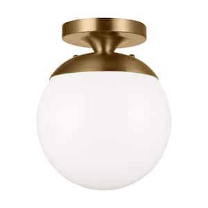 Leo 8 in. 1-Light Satin Brass with Smooth White Glass Shade Flush Mount with LED Bulb