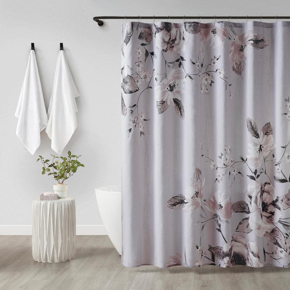 Lilac Floral Cotton Shower Curtain with Liner