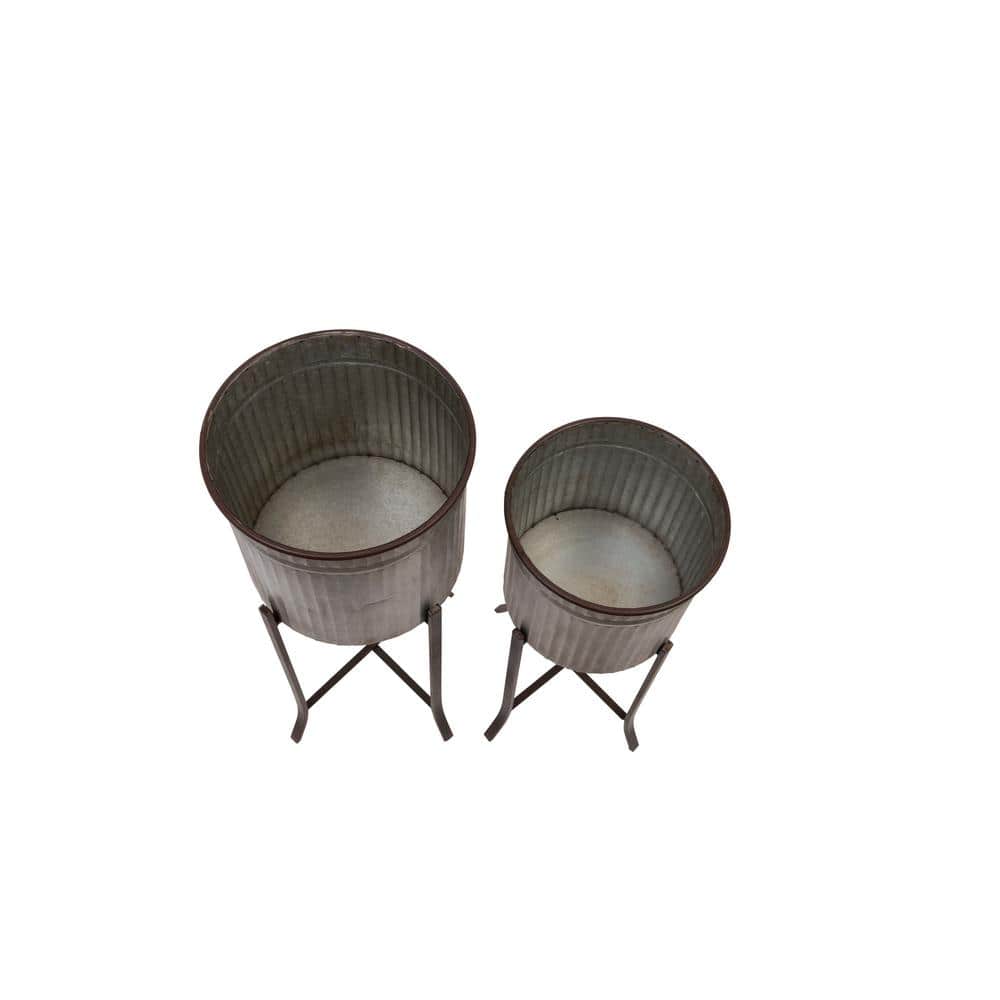 Silver and Black Corrugated Metal Round Planters with Stands, Set of 2