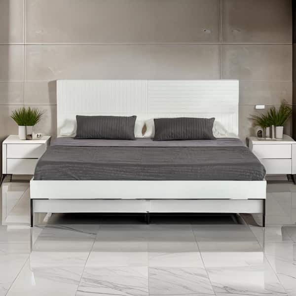 Benjara Noe Shin White and Black Metal Frame Full Platform Bed with Panel Headboard