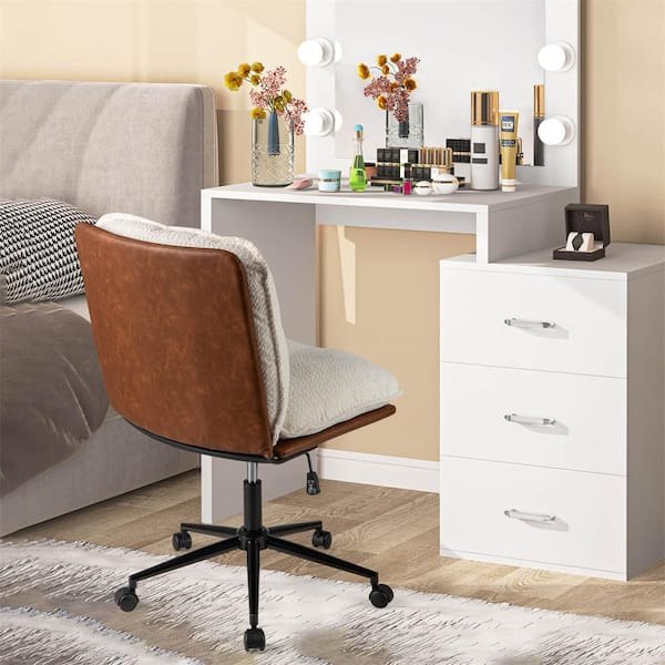 Fabric Swivel and Height Adjustable Ergonomic Armless Home Office Standard Chair in White with Rocking Backrest