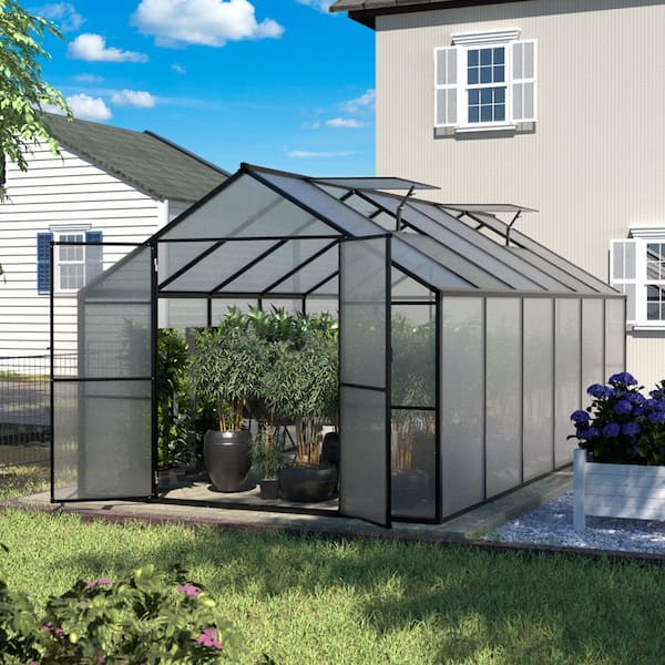 8 ft. W x 12 ft. D Polycarbonate Greenhouse for Outdoors, Green House Kit with 2-Adjustable Roof Vents, Gray