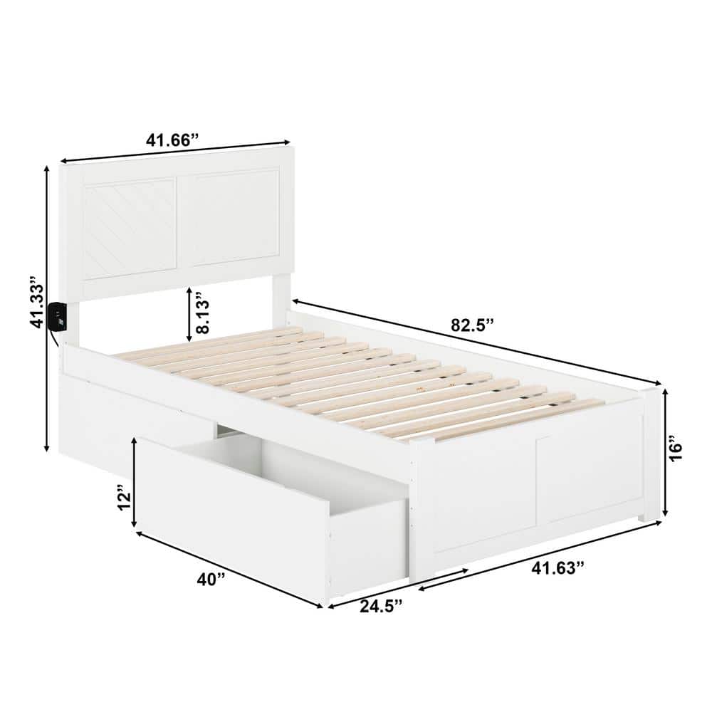 White Twin XL Wood Platform Bed with Chevron Headboard and Storage Drawers