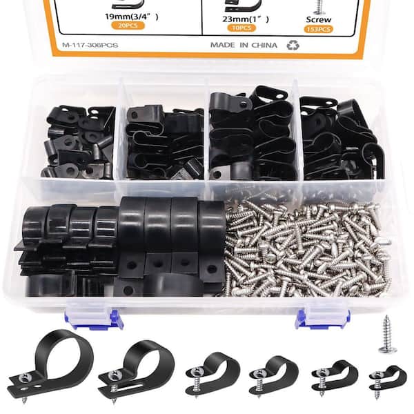 Wire Clips Assortment Kit R-Type Nylon Plastic Cable Clamps with Screws for Management 6-Sizes 306-Pieces