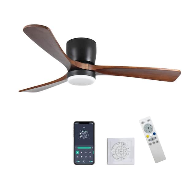 Sunpez 52 in. Indoor/Outdoor Black Modern Flush Mount LED Ceiling Fan with App, Wall and Remote Control Included