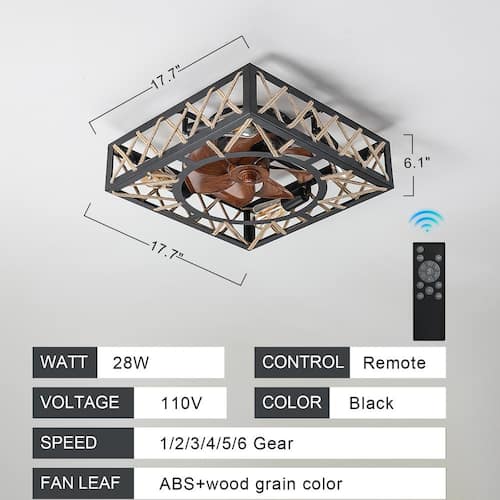 17.7 in. Indoor Black Lighting Ceiling Fan Flush Mount Square with Rope Decor Ceiling Fans With Lights