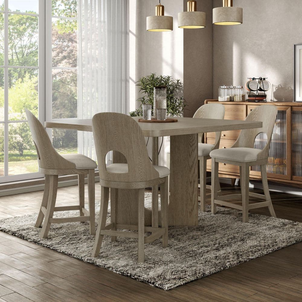 【配送不可】DOERI COUNTER TABLE(oak) & CHAIR Furniture of America Hairin 5-Piece Rectangular White Oak Wood Top