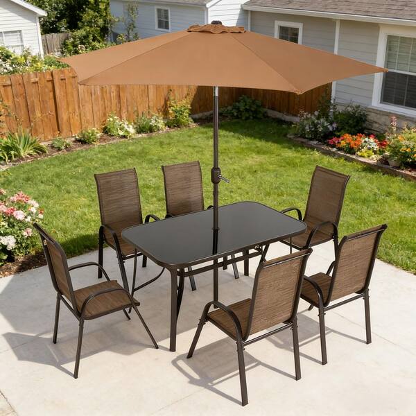 8 pc metal glass top patio table set with umbrella 8-Piece Dark Brown Metal Outdoor Dining Table and Chairs Set, Conversation  Set with Umbrella, Tempered Glass Tabletop io-926