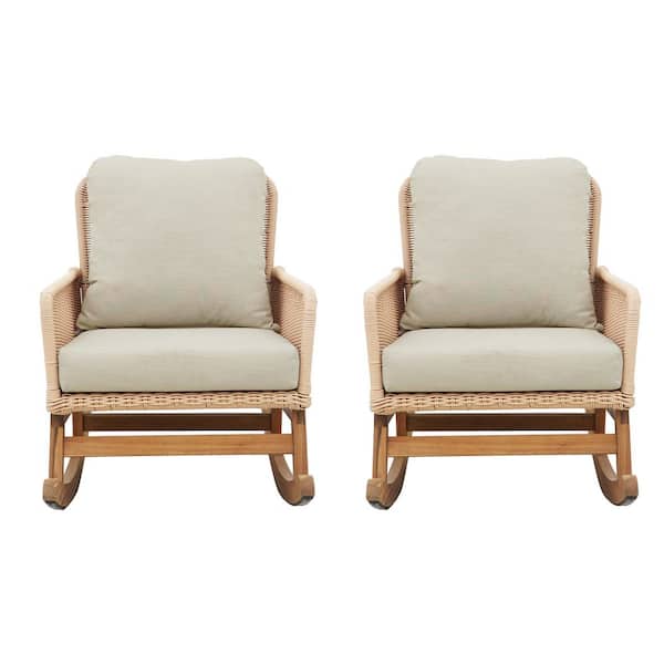 Zeus & Ruta Wicker Outdoor Rocking Chair with Beige Cushion, Durable Wooden Frame for Patio Balcony, (Set of 2)