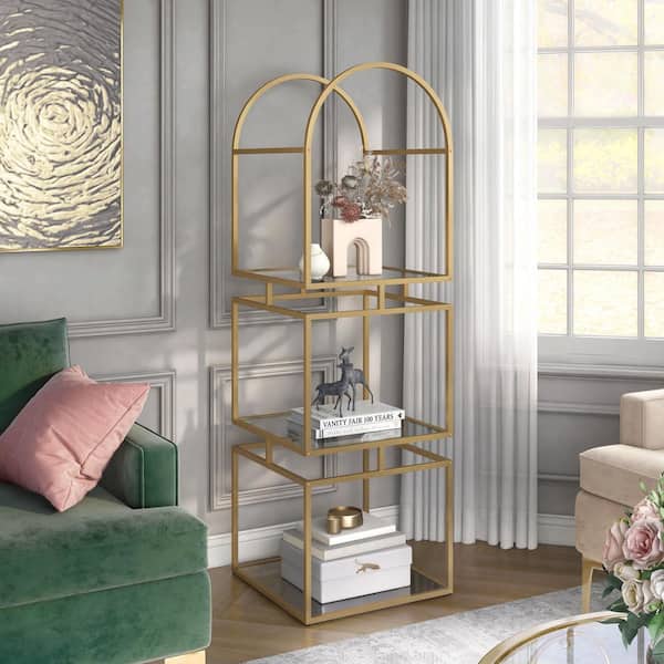 Furniture of America Staski 62.75 in. Gold Coating Metal 3-Shelf Bookcase with Glass Shelves