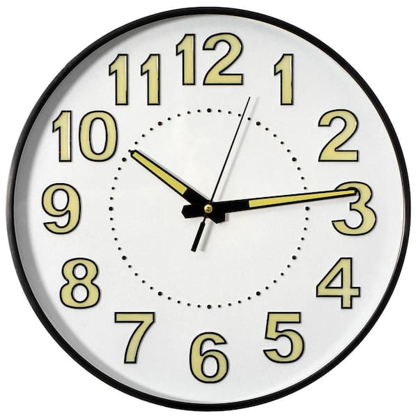 12" Round Wall Clock Glow-in-the-Dark Luminous Green Numbers & Hands Easy-Read Analog Timepiece