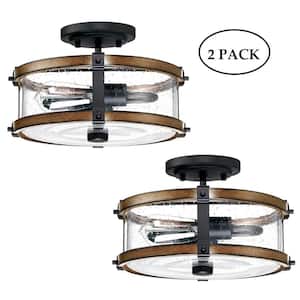 12.2 in. 2-Pack W 2-Light with Matte Black, Barnwood Accents and Seeded Glass Shade Semi Flush Mount