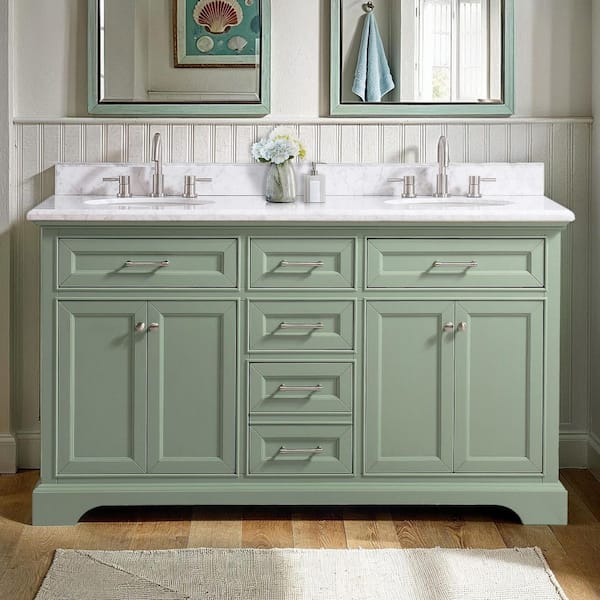 Windlowe 61 in. Double Sink Green Bath Vanity with White Carrara Marble Top (Assembled)