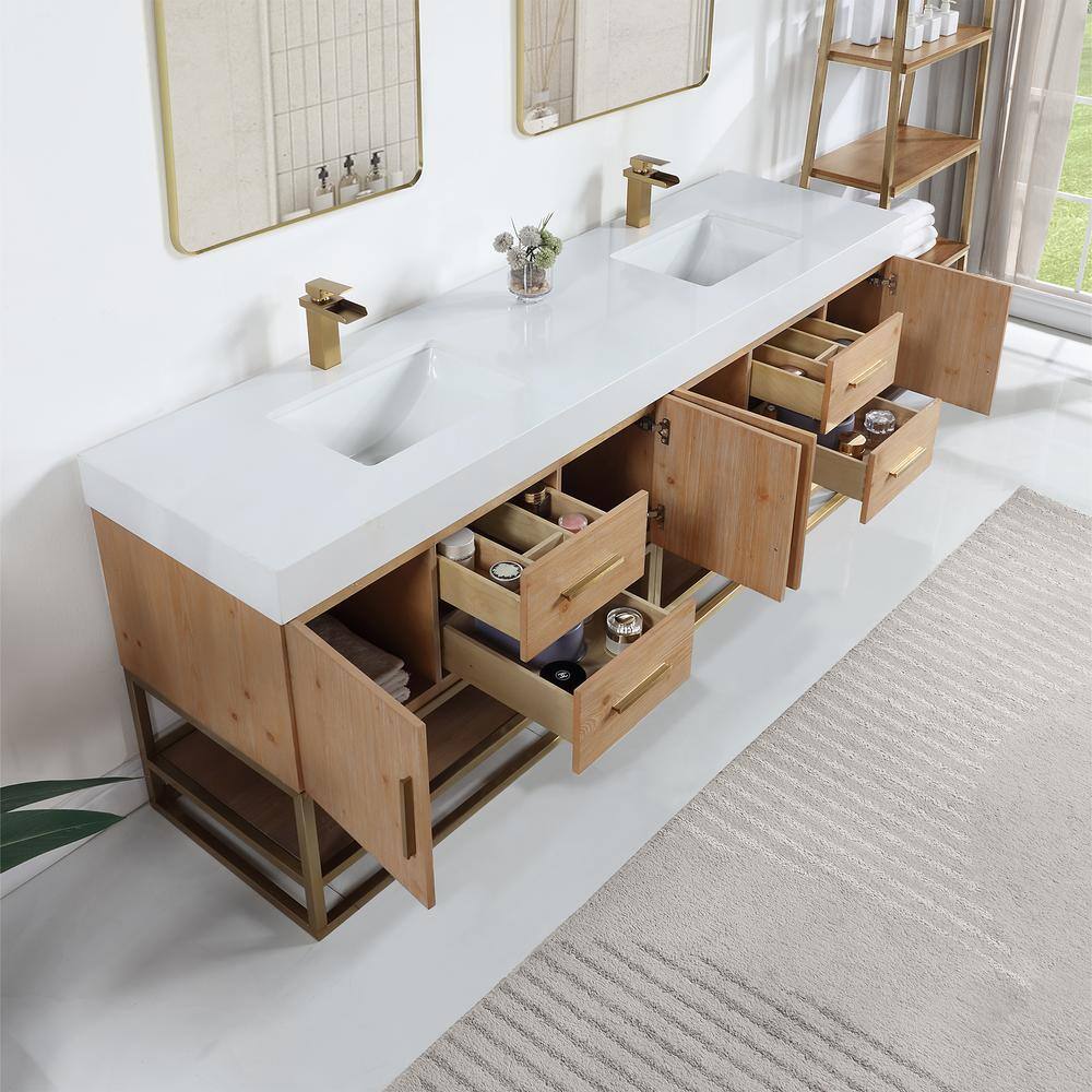 Bianco 84" Light Brown Wood Vanity with Composite Stone Top