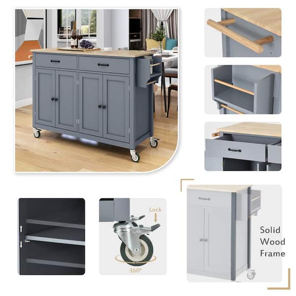 Xspracer Oasis Grey Blue Wood 54.33 in. Kitchen Island with Solid