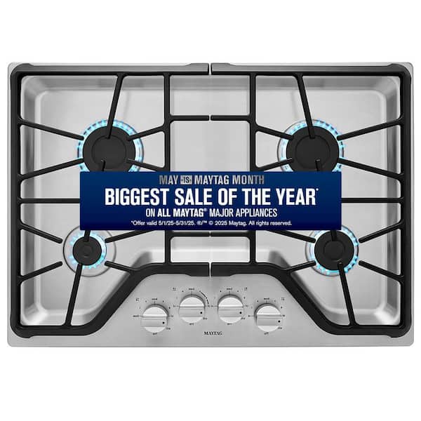 Maytag 30 in. Gas Cooktop in Stainless Steel with 4 Burners Including 15000-BTU Power Burner