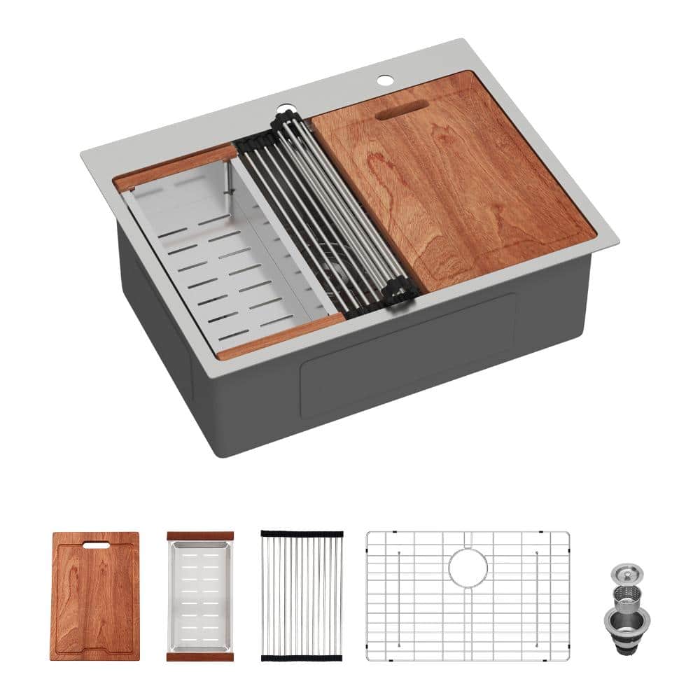25 in. Drop in/Top Mount Workstation Kitchen Sink Single Bowl in 16 Gauge Stainless Steel with Bottom and Accessories