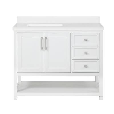 Stanley 42 in. W Bath Vanity in White with Engineered Stone Vanity Top in White with White Basin and Power Bar