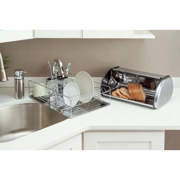 Simple Houseware Large Over Sink Counter Top Dish Drainer Drying Rack with Drying Mat and Utensil Holder, Chrome