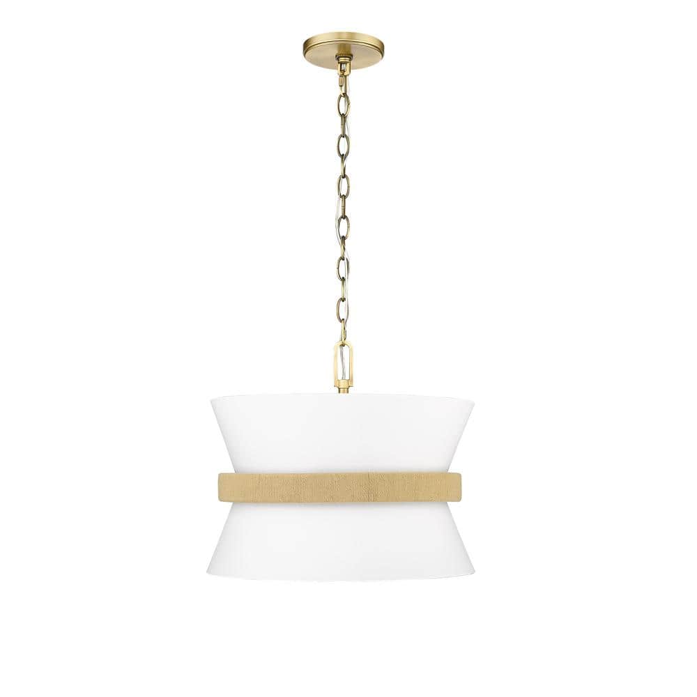 Vintage Brass Hourglass Pendant Light with White Drum Shade