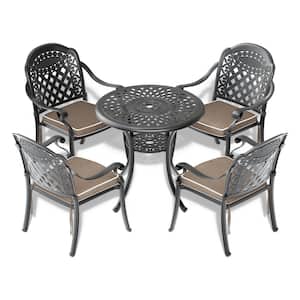 Isabella 5-Piece Cast Aluminum Outdoor Dining Set with 30.71 in. Round Table and Random Color Cushions
