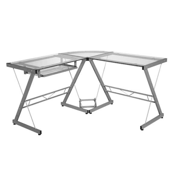 OneSpace 51 in. L-Shaped Silver/Clear Computer Desk with Keyboard Tray
