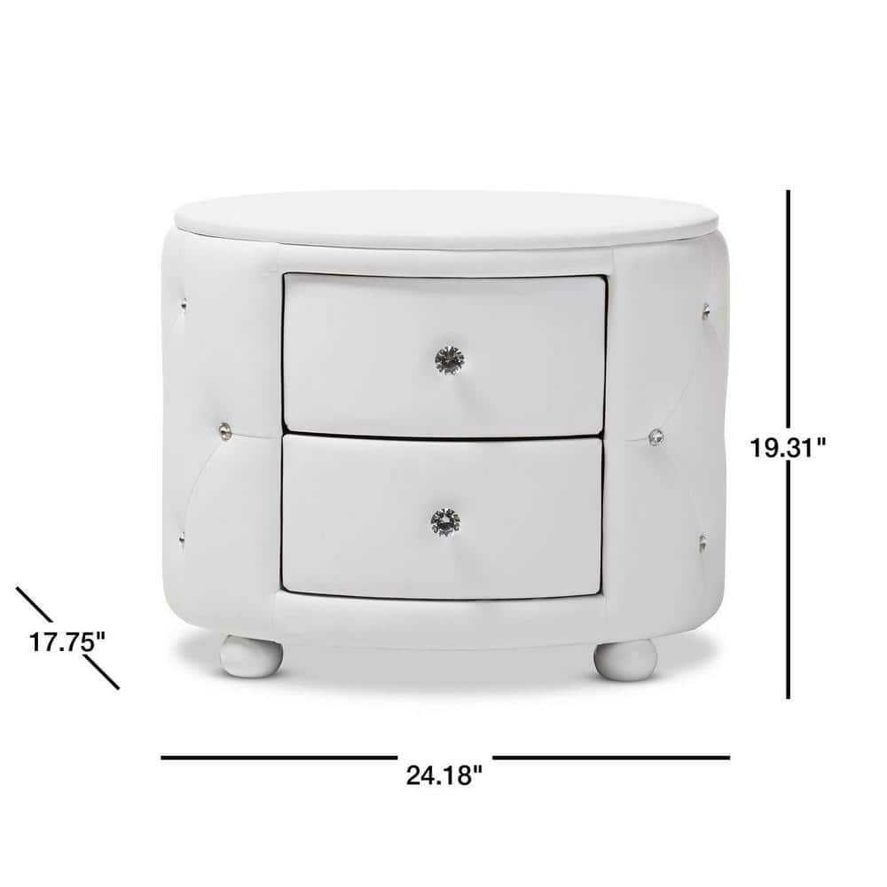 Davina Oval White Faux Leather Glamour Nightstand with Crystal Accents