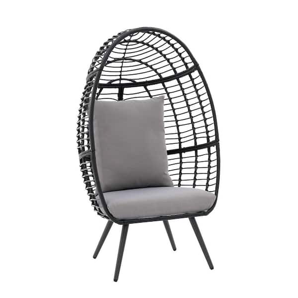 Yangming Egg Chair Wicker Outdoor Indoor Lounge Chair with Gray Cushion and Stand for Bedroom, Balcony (1-Pack)