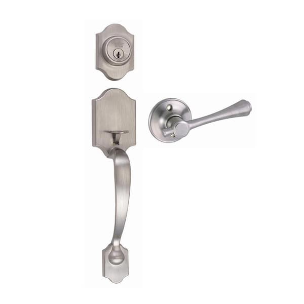 Design House Sussex Satin Nickel Handleset with Ironwood Lever Interior, Single Cylinder Deadbolt and Universal 6-Way Latch