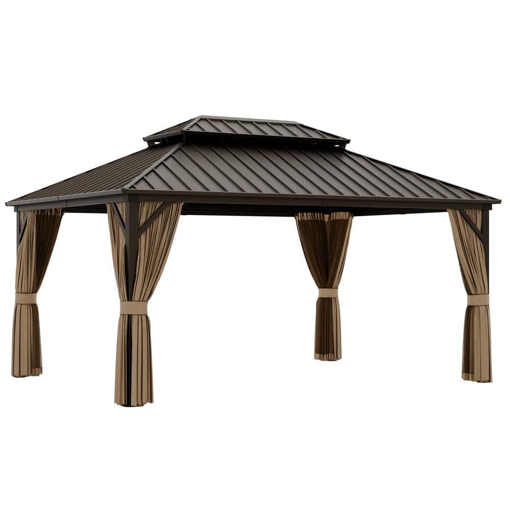 Brown 12' x 16' Aluminum and Steel Hardtop Gazebo with Curtains