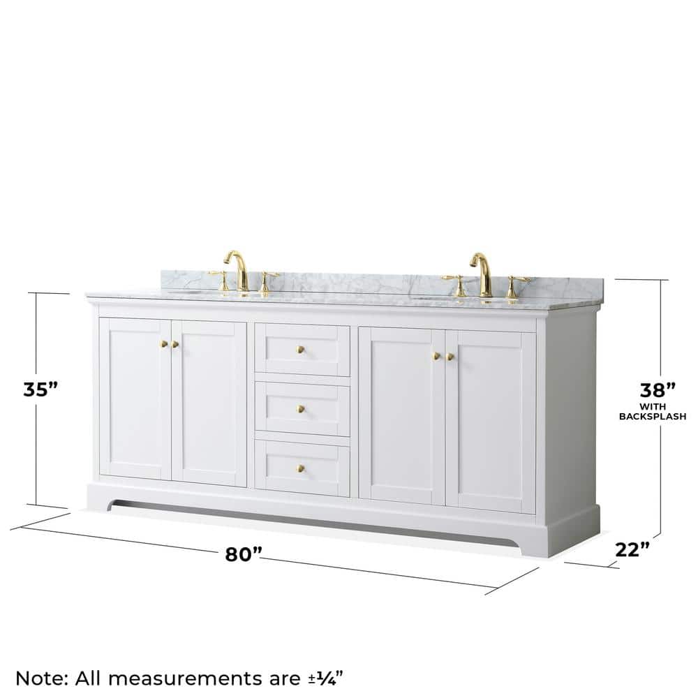 Avery 80'' White Double Bathroom Vanity with Carrara Marble Top & Brushed Gold Trim