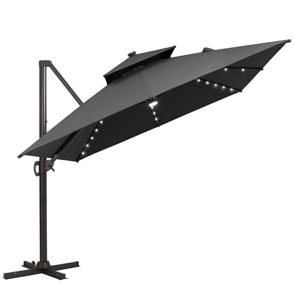 9 ft. x 11 ft. Cantilever Patio Umbrella Solar LED Lights Double Top Offset Outdoor Umbrella in Black with Cross Stand price history on PriceWatchPro