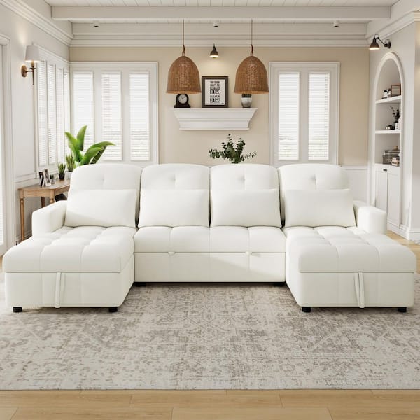 White 110.2 in. Oversized Chenille U-shaped Queen Size Pull-out Sofa Bed with 2 Storage Chaise Lounges and 2 USB Ports