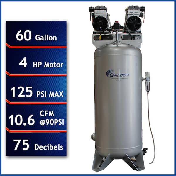 California Air Tools 60 Gal. Stationary Ultra Quiet and Oil-Free 4.0 HP Electric Air Compressor with Automatic Drain Valve